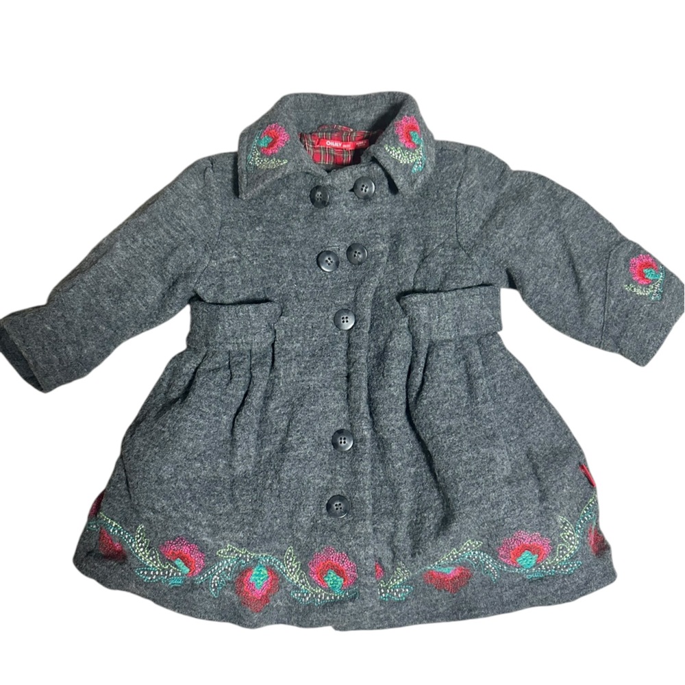 Oilily Gray Pea Coat with Pink and Green Embroidery